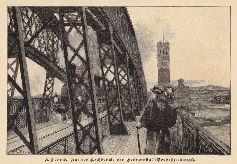 Op de Grunental-Hochbrücke over het Kieler-kanaal, Duitsland (gravure) door Karl Storch