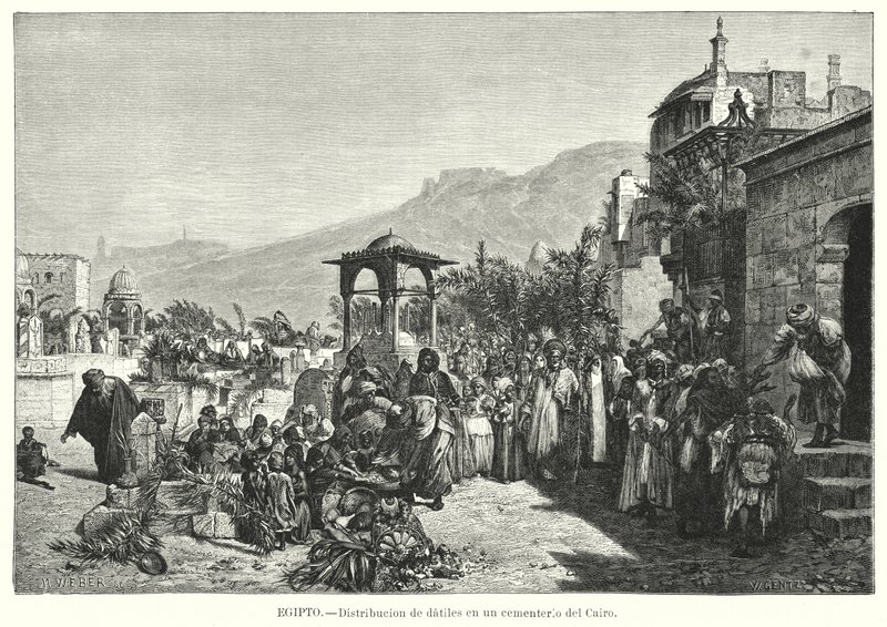 Verdeling van dadels op een begraafplaats, Caïro, Egypte (litho) door Karl Wilhelm Gentz