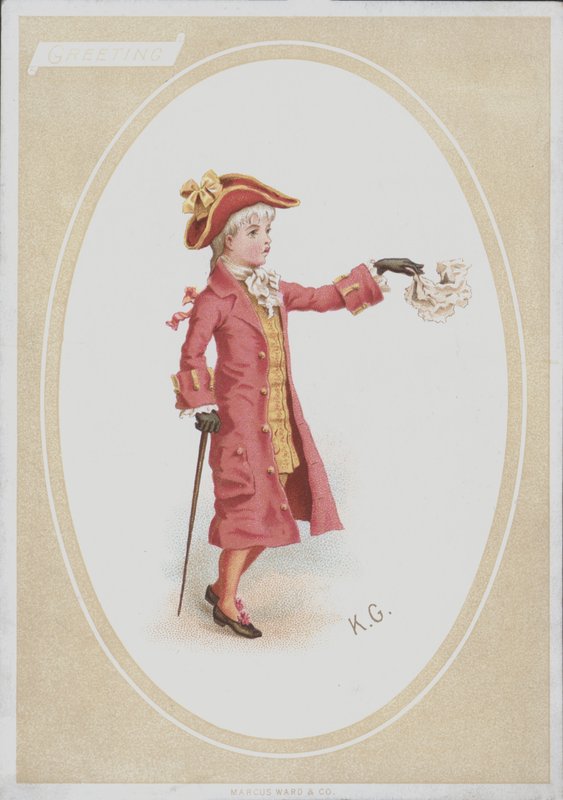 Jongen in rood pak, zwaaiend met zakdoek door Kate (after) Greenaway