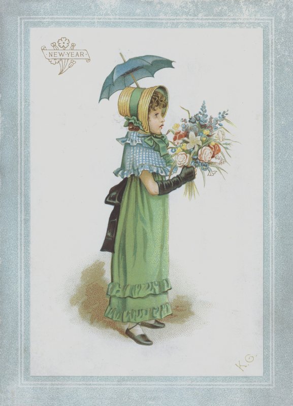 Meisje in groene jurk, met parasol en een boeket bloemen door Kate Greenaway