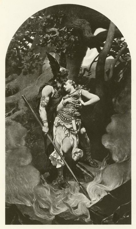 Wotan neemt afscheid van Brunhild (gravure) door Konrad Dielitz
