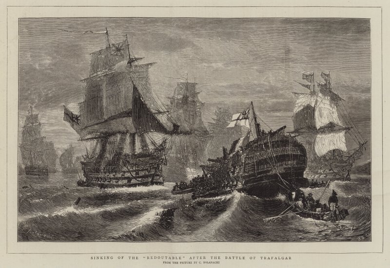 Het zinken van de Redoutable na de Slag bij Trafalgar door Konstantinos or Constantin Bolanachi