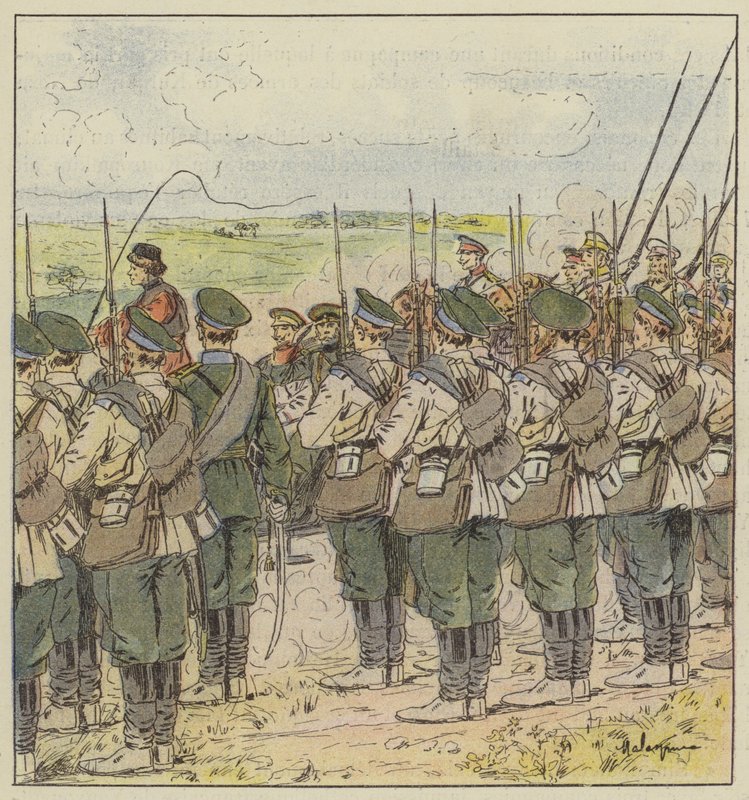 De Russische troepen eren de passage van een generaal door L. Malespine