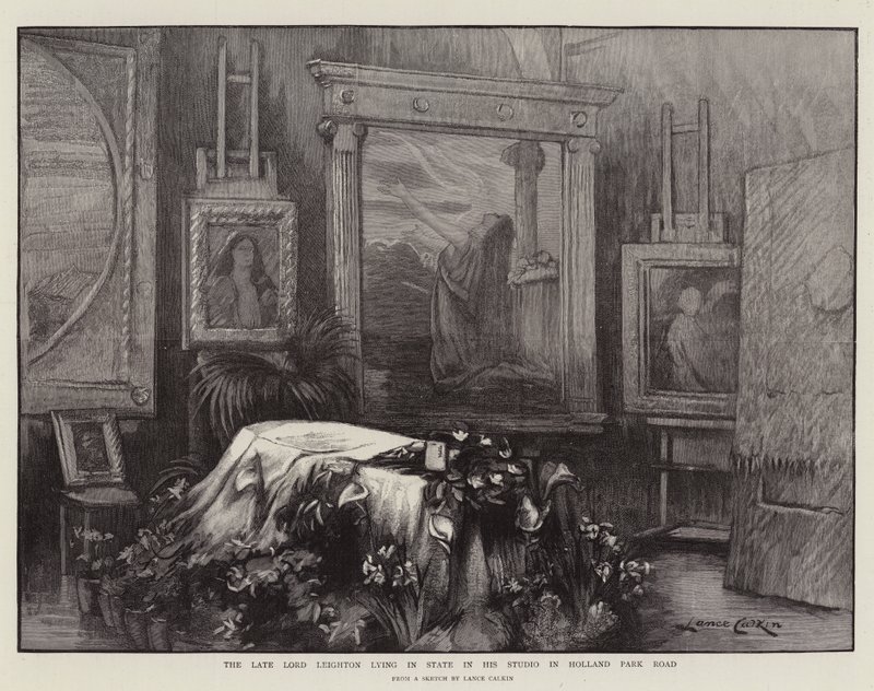 De overleden Lord Leighton opgebaard in zijn studio in Holland Park Road door Lance Calkin