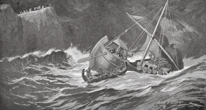 Het houtschip werd in een storm gevangen en de monniken gingen het te hulp in kleine boten door Lancelot Speed