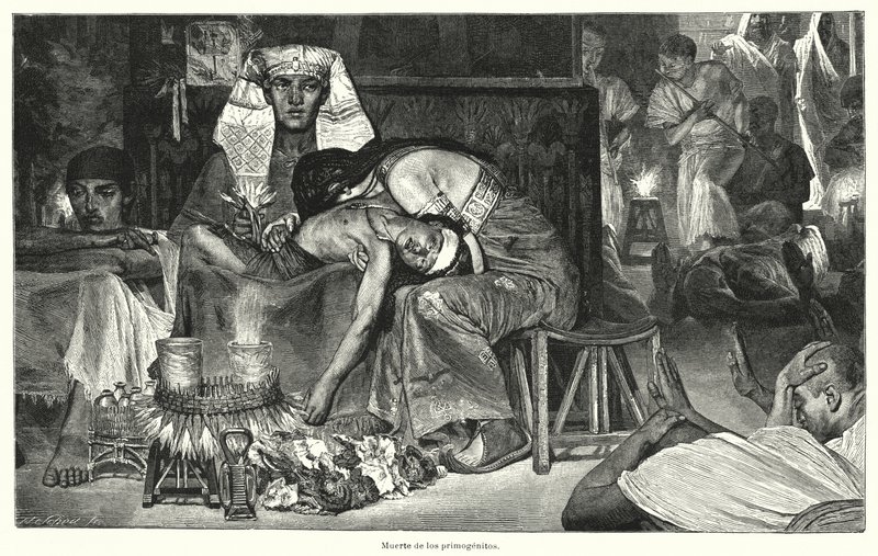 Dood van de eerstgeborene: de laatste van de tien plagen van Egypte door Lawrence (after) Alma Tadema