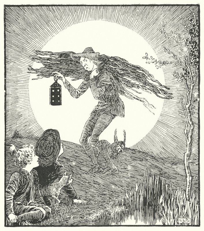 De man in de maan, kwam naar beneden tuimelen (gravure) door Leonard Leslie Brooke
