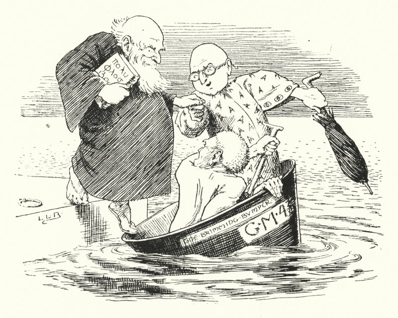 Drie wijze mannen van Gotham, gingen naar zee in een kom (gravure) door Leonard Leslie Brooke