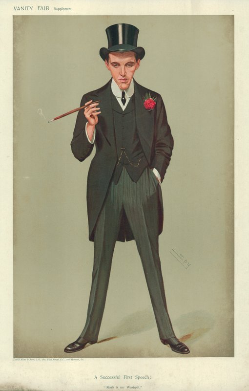 Mr F E Smith, een succesvolle eerste toespraak, Moab is mijn waspot, 16 januari 1907, Vanity Fair cartoon door Leslie Matthew Ward
