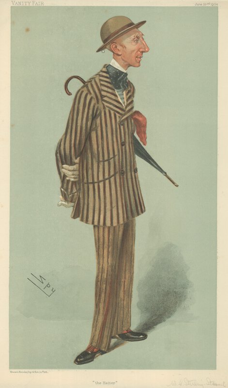 Mr William Crawfurd Stirling-Stuart, De hoedenmaker, 23 juni 1904, Vanity Fair cartoon door Leslie Matthew Ward