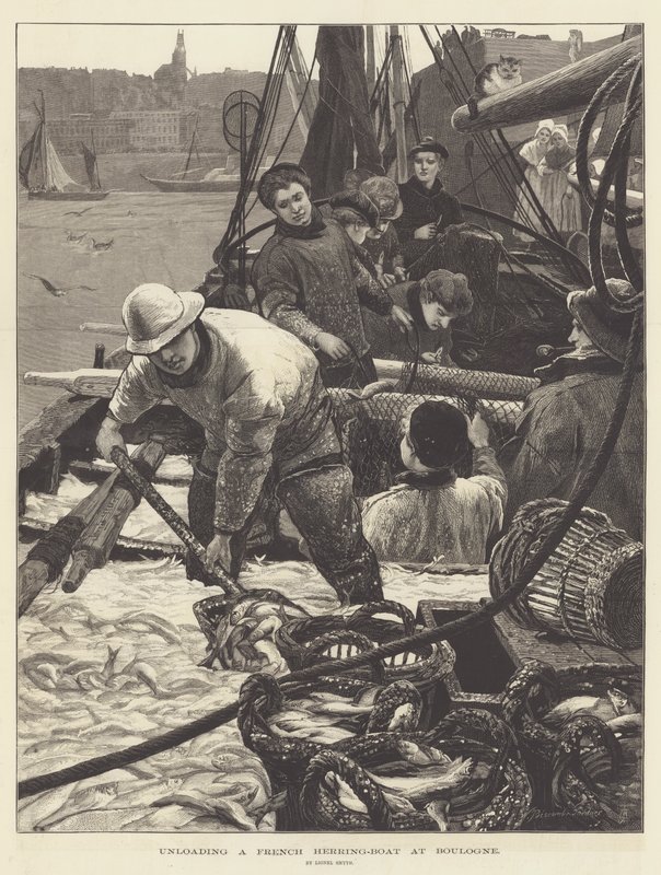Het lossen van een Franse haringboot in Boulogne door Lionel Percy Smythe