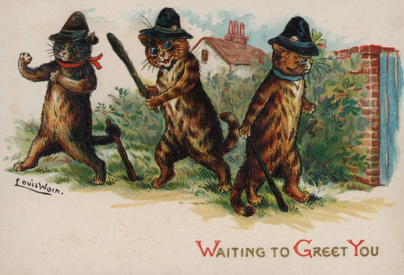 Drie katten wachten om je te begroeten door Louis Wain