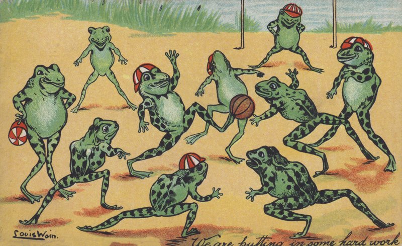 Kikkers die voetbal spelen door Louis Wain