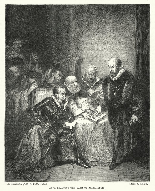 Alva eist de Eed van Trouw (gravure) door Louis (after) Gallait
