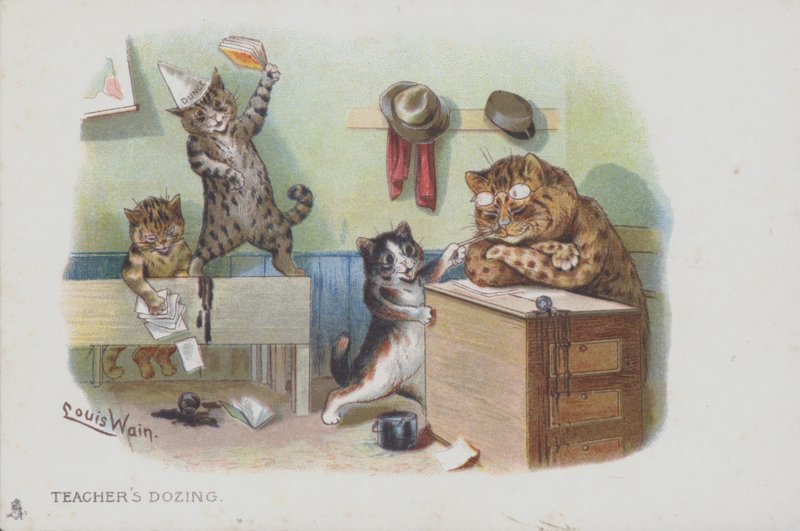 Katten in een klaslokaal: de leraar dut en de leerlingen misdragen zich door Louis (after) Wain