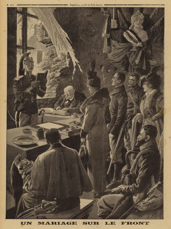 Een huwelijk aan het front, Hauteville, Arras, Frankrijk, Eerste Wereldoorlog door Louis Charles (after) Bombled