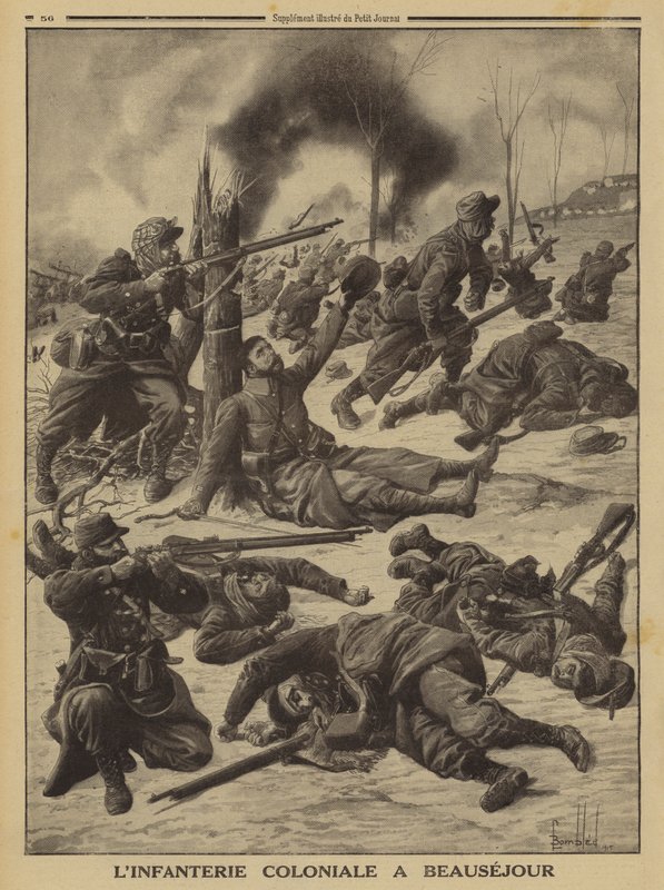 Franse koloniale infanterie vecht bij Beausejour, Eerste Wereldoorlog door Louis Charles (after) Bombled