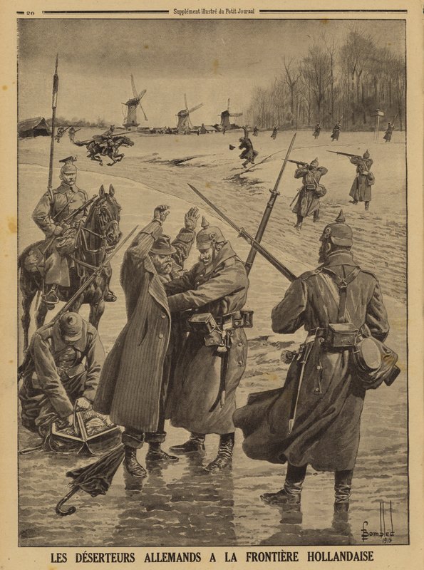 Duitse legerdeserteurs worden aangehouden aan de Nederlandse grens, Eerste Wereldoorlog door Louis Charles (after) Bombled