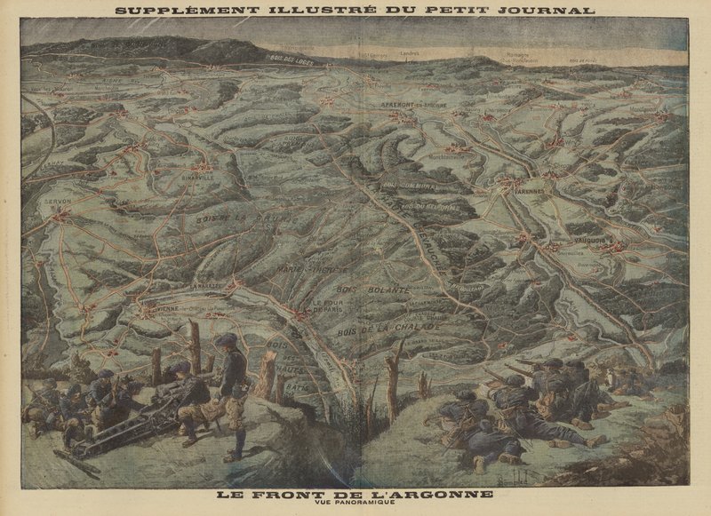 Panoramisch uitzicht op het Argonnebos, Westfront, Eerste Wereldoorlog door Louis Charles (after) Bombled