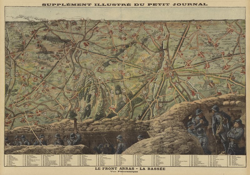Panoramisch uitzicht op het westelijk front tussen Arras en La Bassee, Frankrijk, Eerste Wereldoorlog door Louis Charles (after) Bombled