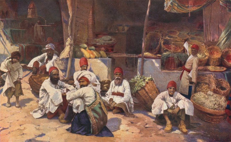 Een Perzische Winkel (kleur litho) door Louis Fairfax Muckley
