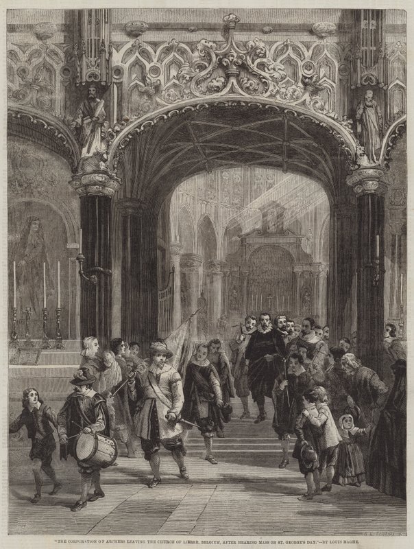 De Corporatie van Boogschutters verlaat de Kerk van Lierre, België, na het Horen van de Mis op Sint-Jorisdag door Louis Haghe