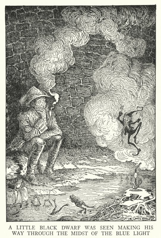 Een kleine zwarte dwerg werd gezien die zijn weg baande door het midden van het blauwe licht (litho) door Louis John Rhead