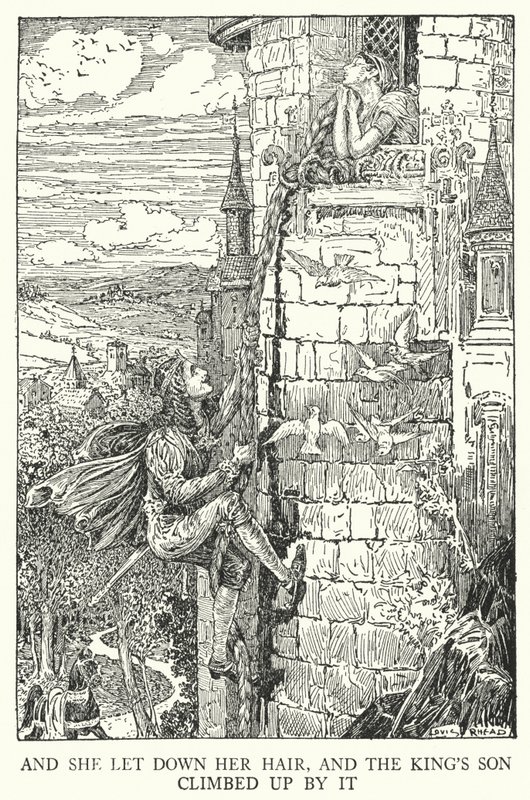 En ze liet haar haar zakken, en de zoon van de koning klom omhoog (litho) door Louis John Rhead