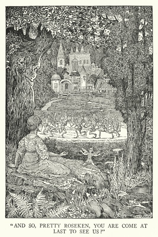 "En zo, lieve Roseken, ben je eindelijk gekomen om ons te zien?" (litho) door Louis John Rhead