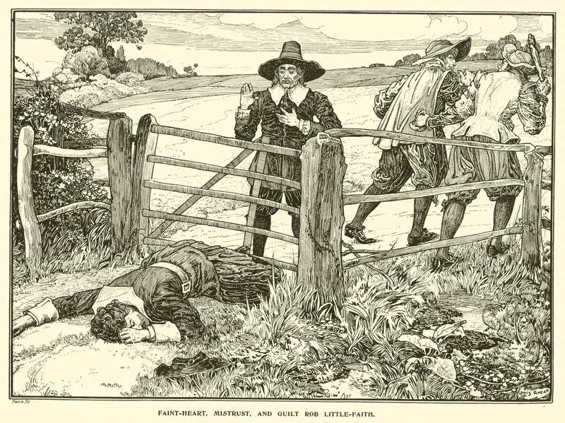 Faint-Heart, Mistrust en Guilt beroven Little-Faith (gravure) door Louis John Rhead