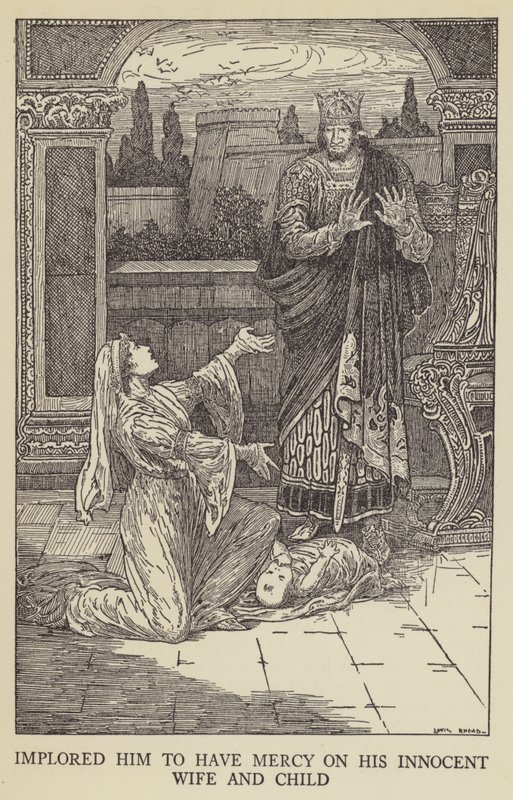 Smeekte hem genade te hebben voor zijn onschuldige vrouw en kind door Louis John Rhead