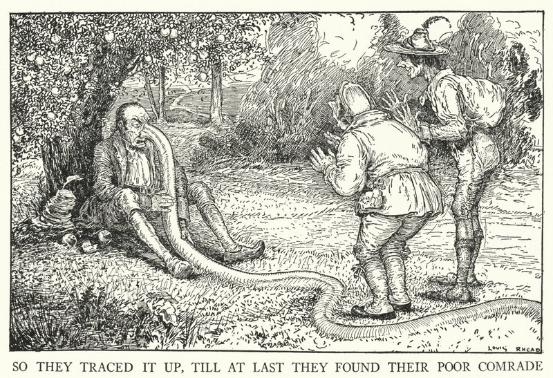 Dus volgden ze het spoor, tot ze uiteindelijk hun arme kameraad vonden (litho) door Louis John Rhead