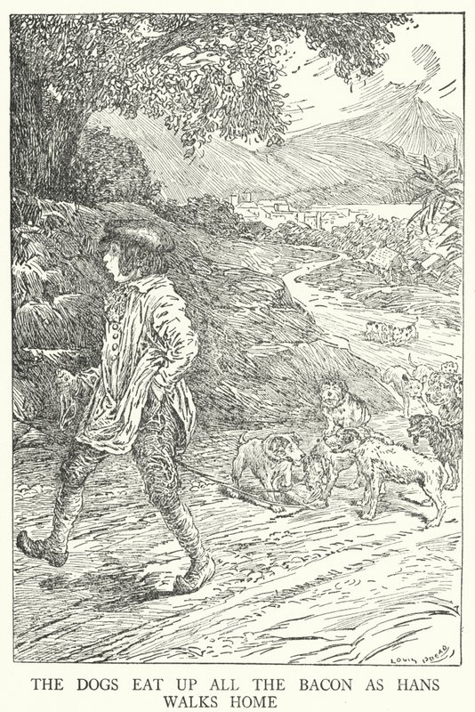 De honden eten al het spek op terwijl Hans naar huis loopt door Louis John Rhead