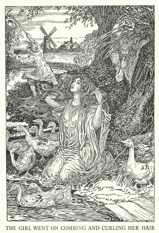 Het meisje ging door met het kammen en krullen van haar haar (litho) door Louis John Rhead
