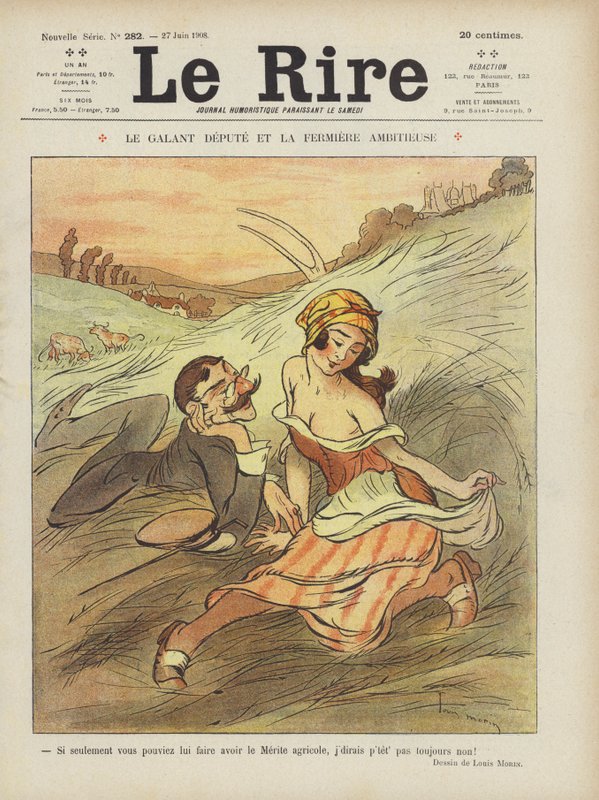 De galante afgevaardigde en het ambitieuze boerinnetje. Illustratie voor Le Rire door Louis Morin