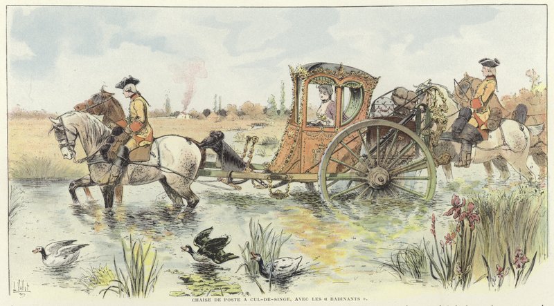 Een vrouw in een door paarden getrokken koets die door een rivier reist door Louis Vallet