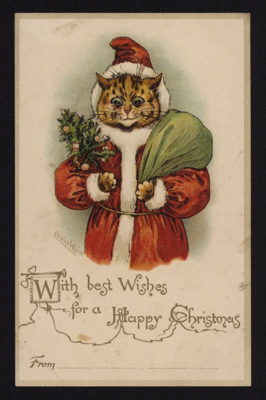 Kat als Kerstman, kerstgroetkaart door Louis Wain