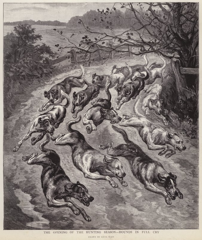 Honden in volle vaart aan het begin van het jachtseizoen door Louis Wain