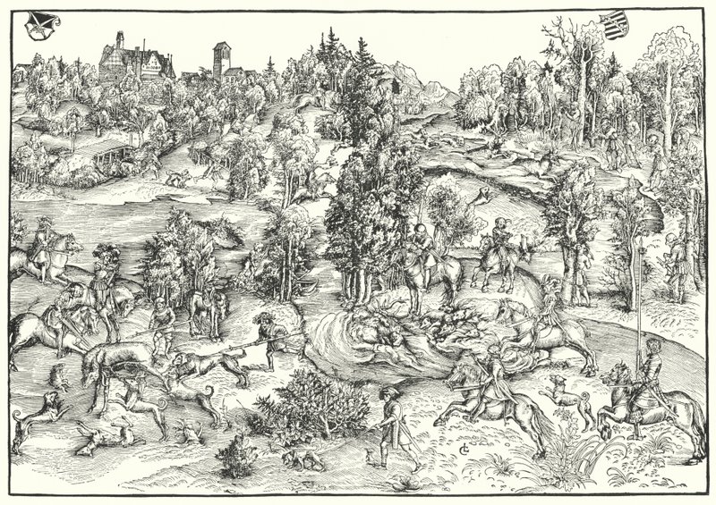 Hertenjacht in een hertenpark of landschap door Lucas the Elder (after) Cranach
