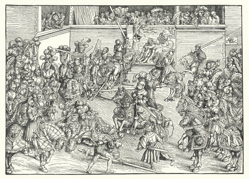 Het toernooi met het wandtapijt van Simson en de leeuw (gravure) door Lucas the Elder (after) Cranach