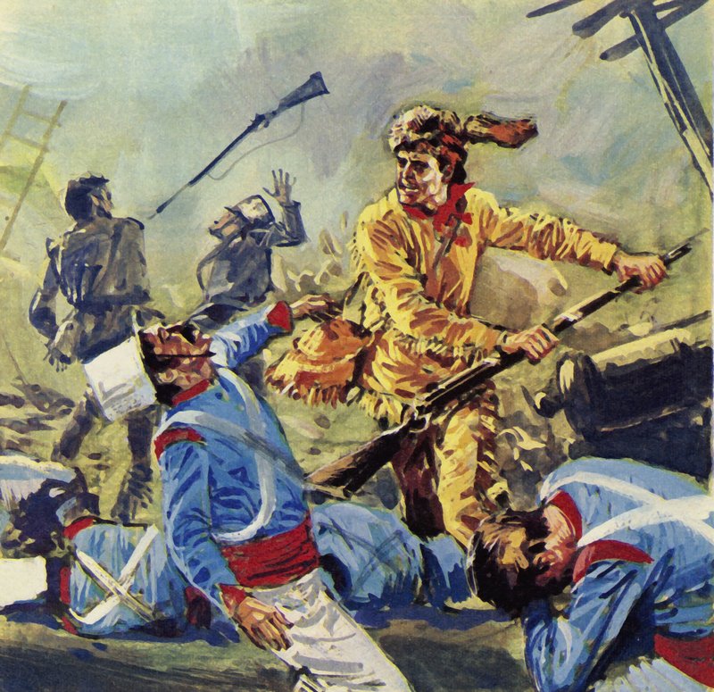 Davy Crockett viel uiteindelijk ten prooi aan de onophoudelijke Mexicaanse aanvallen (kleurenlitho) door Luis Arcas Brauner