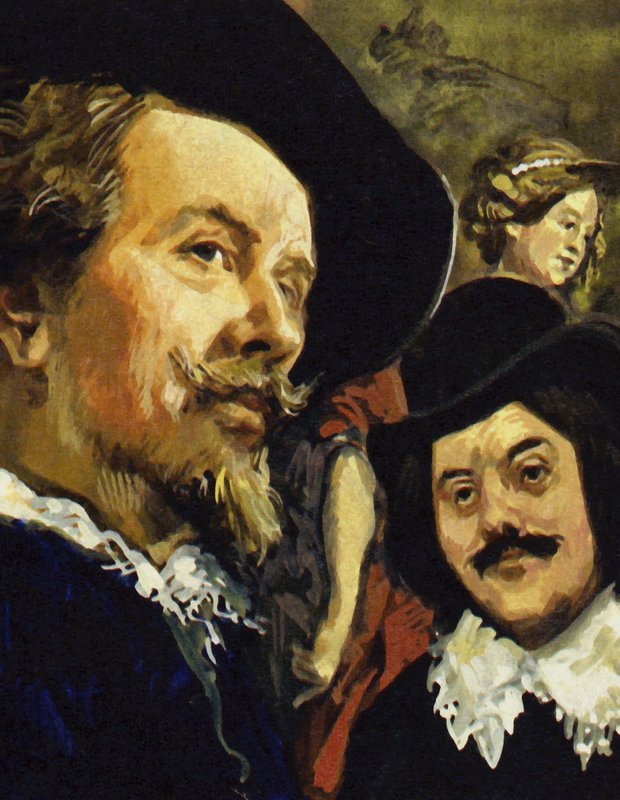 Hals ontmoette Paul Rubens (links) tijdens een reis naar Antwerpen (kleurenlitho) door Luis Arcas Brauner