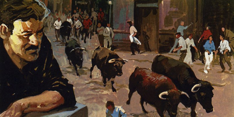 Hemingway raakte gefascineerd door de Spaanse obsessie met stieren en stierengevechten (kleurenlitho) door Luis Arcas Brauner