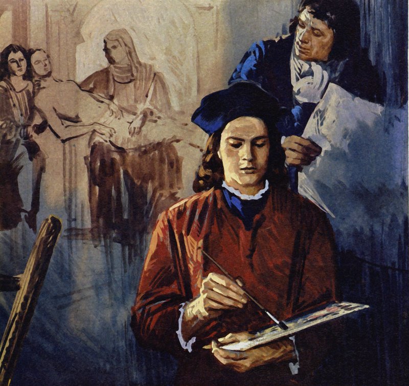 Rafaël ging in de leer bij de schilder Perugino (kleurenlitho) door Luis Arcas Brauner