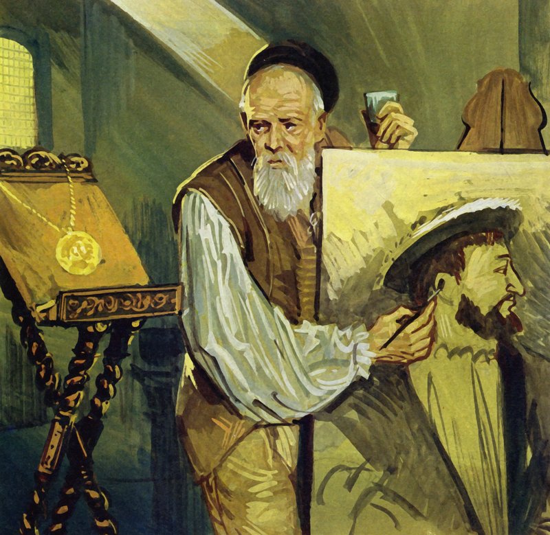 Titiaan schilderde een portret van koning Frans I van Frankrijk gebaseerd op een medaille (kleurenlitho) door Luis Arcas Brauner