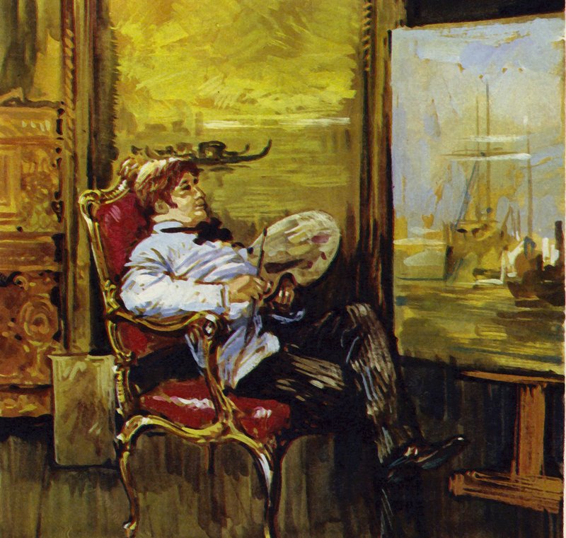Turner zittend voor een van zijn schilderijen (kleurenlitho) door Luis Arcas Brauner