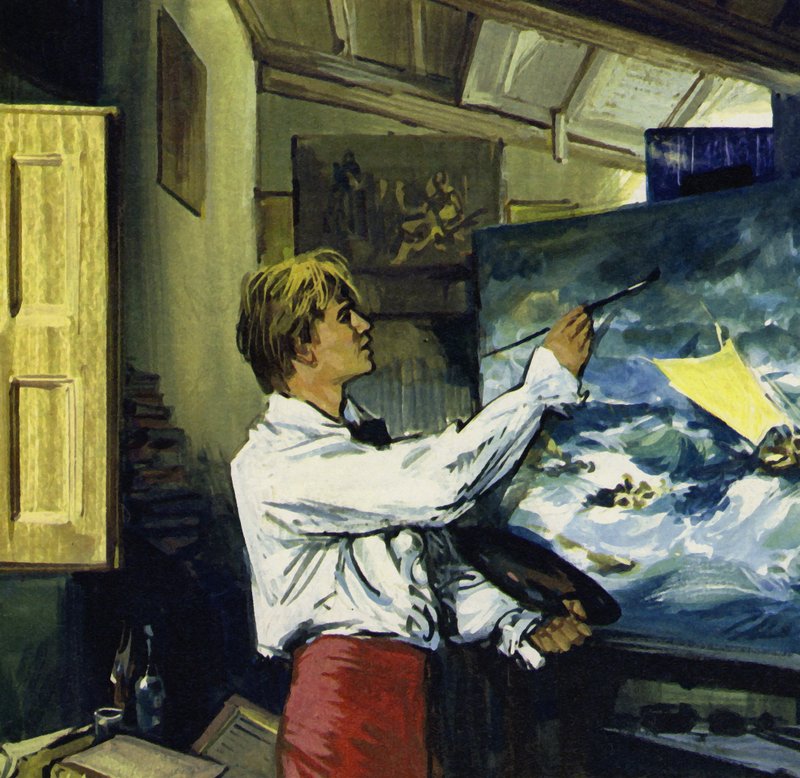 Turner zette schetsen van zijn reizen door Wales en het eiland Wight om in grootse schilderijen (kleurenlitho) door Luis Arcas Brauner
