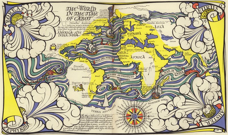 Kaart van de wereld in de tijd van de navigators John en Sebastian Cabot door MacDonald Gill
