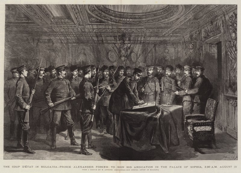 De staatsgreep in Bulgarije, prins Alexander gedwongen zijn abdicatie te ondertekenen in het paleis van Sofia, 2.30 uur 21 augustus door Maksymiljan Antoni Piotrowski