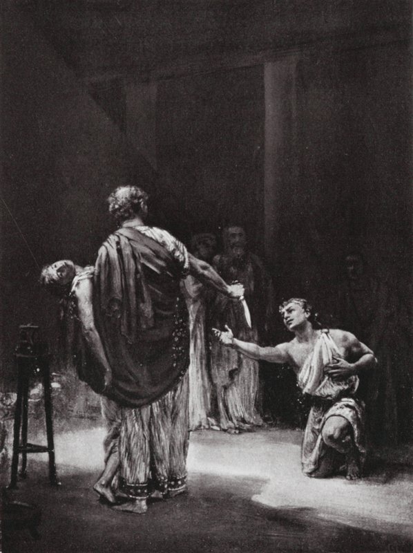 Aristodemus van Messenië offert zijn dochter (litho) door Margaret (after) Dovaston